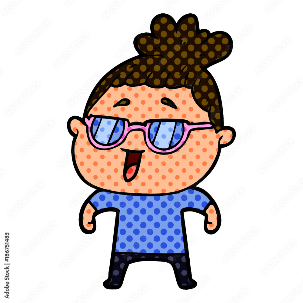 cartoon happy woman wearing spectacles