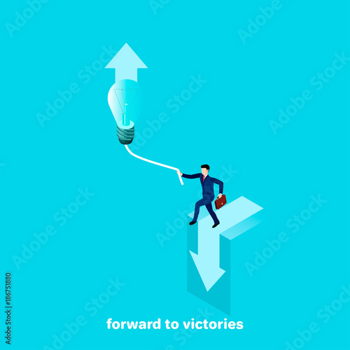 a man in a business suit holds on to the lamp wire, isometric image