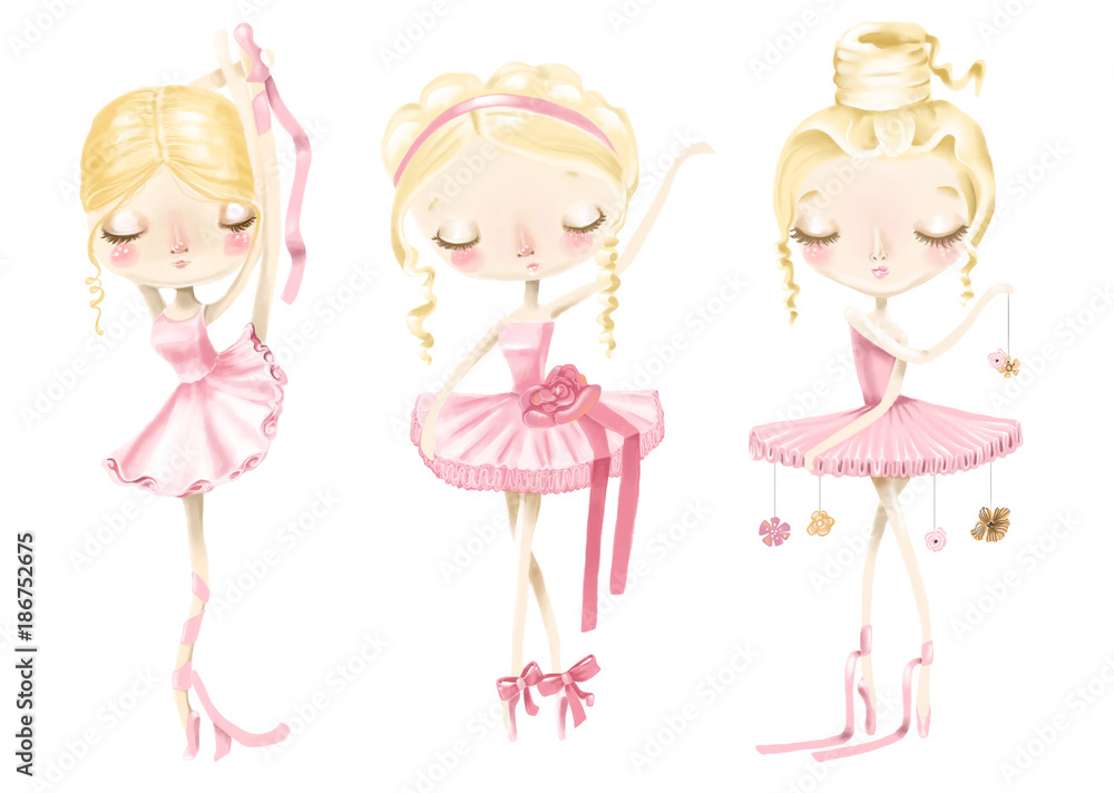 Beautiful cute ballerina girl set, collection. Hand drawn watercolor ballerina, adorable ballet girl in pink dress and flowers Beautiful cute ballerina girl set, collection. Hand drawn watercolor ballerina, adorable ballet girl in pink dress and flowers