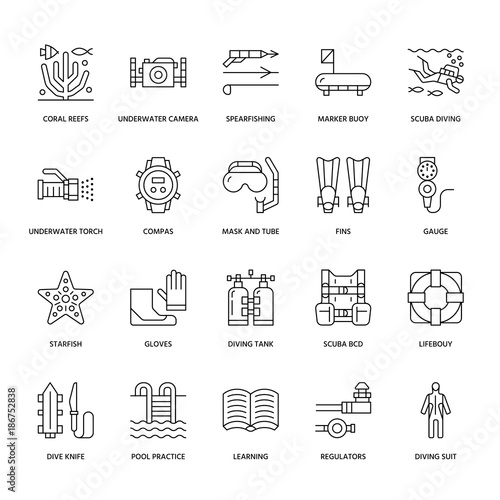 Scuba diving, snorkeling line icons. Spearfishing equipment, mask tube, flippers, swim suit. Water sport thin linear signs.