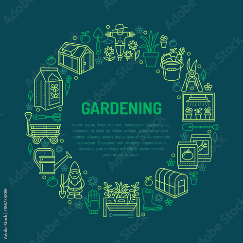 Gardening, planting and horticulture banner with vector line icon. Garden equipment, organic seeds, greenhouse, pruners watering can and other tools. Vegetables, flower cultivation thin linear poster.