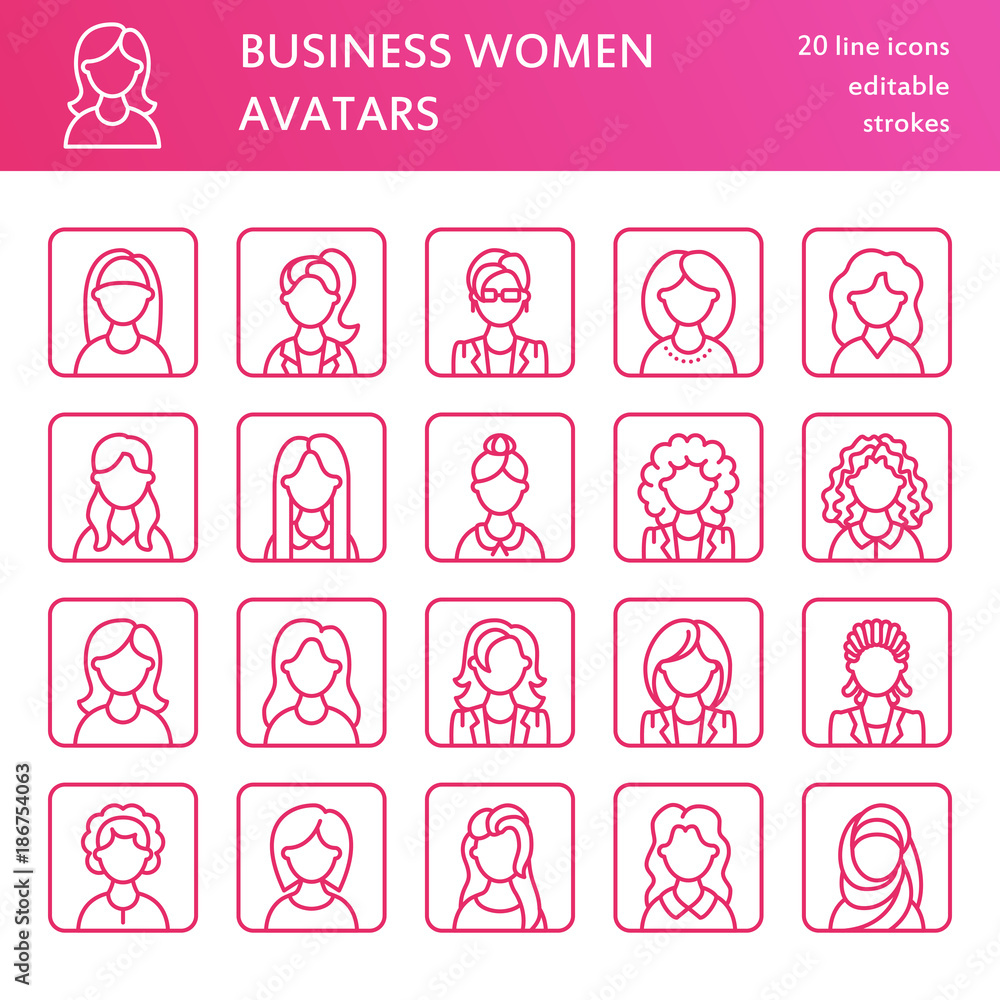 Fototapeta premium People line icons, business woman avatars. Outline symbols of female professions, secretary, manager, teacher, student. Young girls thin linear signs.