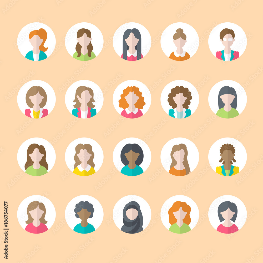 People flat icons, business woman avatars. Symbols of female professions, secretary, manager, teacher, student. Young girls signs