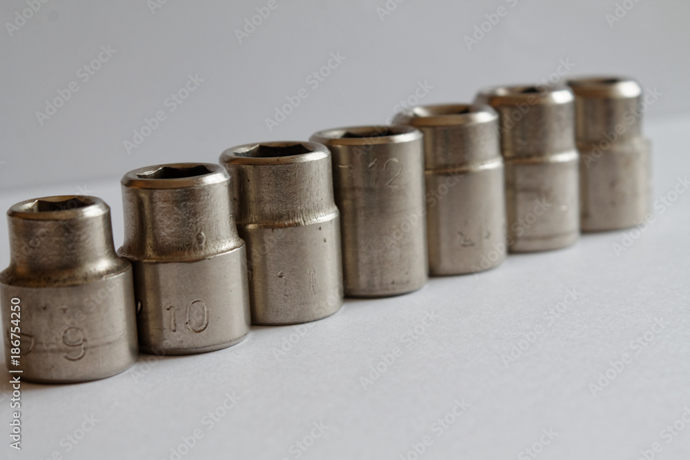 Set of Torx Sockets for spanner on white (studio) background, wrench sockets