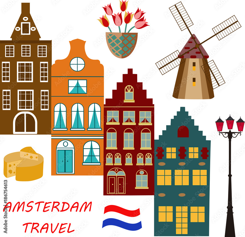 Vector Illustration of building Amsterdam outline for Design, Website, Background, Banner, Card. Travel Holland Landmark silhouette Element Template for Tourism Flier.