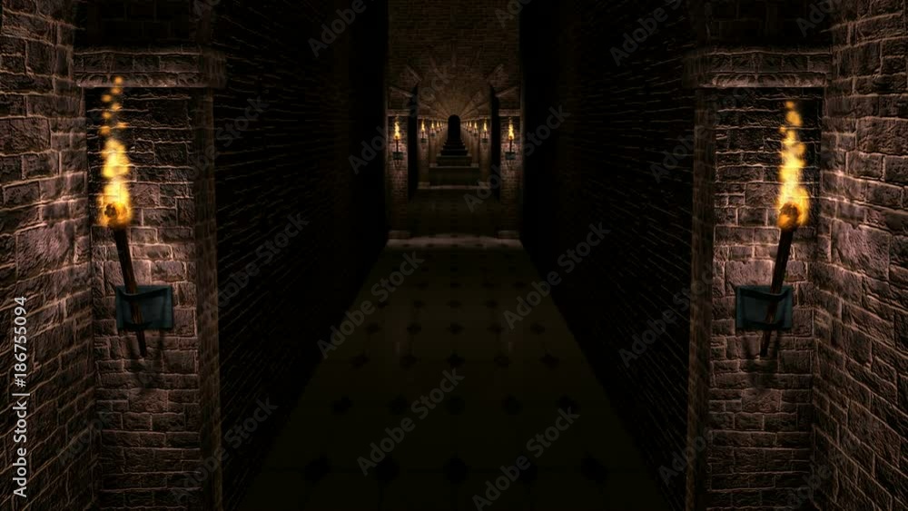 Dark medieval castle corridor loop video