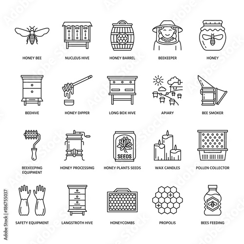 Beekeeping, apiculture line icons. Beekeeper equipment, honey processing, honeybee, beehives types, natural products. Bee-garden thin linear signs for organic farm shop.