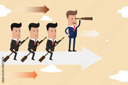 Teamwork. Team of businessman on arrow graph. Team leader has telescope and leading his team to success. Business concept. Vector illustration