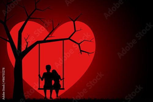 Silhouette of two young lovers sitting on a swing in the background of the moon in the form of a heart. Two lovers sitting on a swing at sunset. Valentines Day Card. Vector illustration