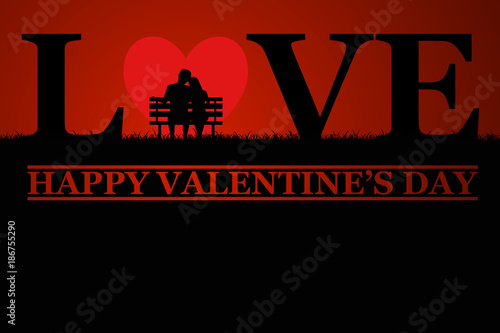 Silhouette of two young lovers sitting on a bench on a background of the moon in the shape of a heart which are part of the word LOVE. Valentine's Day. Vector illustration