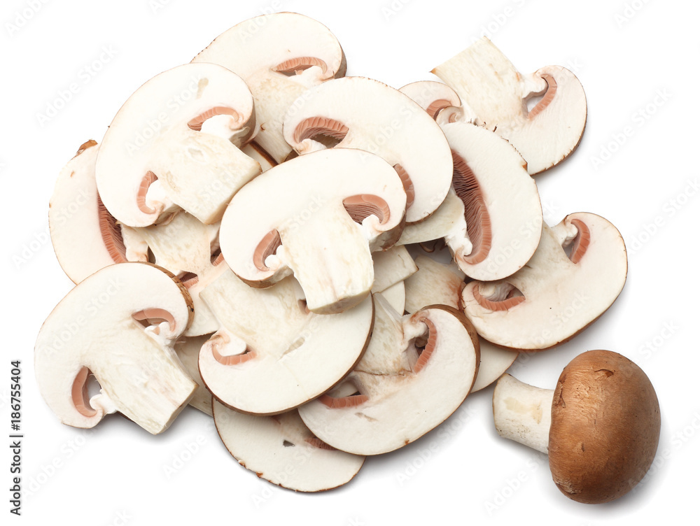 Fresh champignon mushrooms isolated on white background. top view Fresh champignon mushrooms isolated on white background. top view