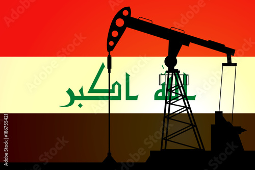 Oil pump on background of flag of Iraq. Vector illustration