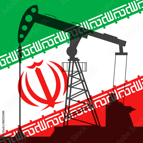 Oil pump on background of flag of Iran. Vector illustration