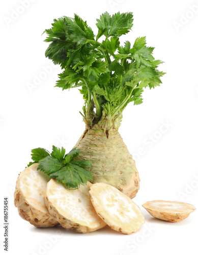 celery root with leaf isolated on white background. Celery isolated on white. Healthy food