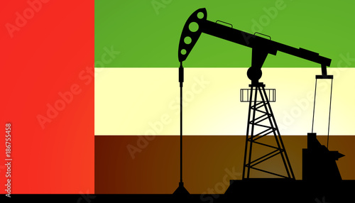 Oil pump on background of flag of Emirates (UAE). Vector illustration
