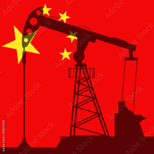 Oil pump on background of flag of China. Vector illustration