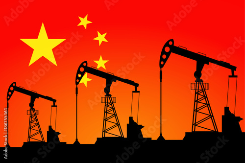 Oil pump on background of flag of China. Vector illustration