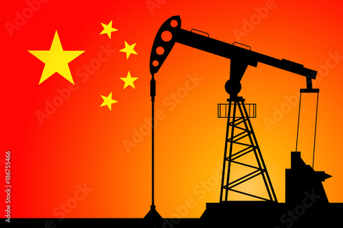 Oil pump on background of flag of China. Vector illustration