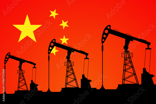 Oil pump on background of flag of China. Vector illustration