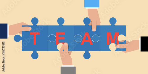 Businessmen holding a puzzle in their folding word TEAM .Pieces together. Teamwork concept.  Symbol of working together cooperation, combining. Vector illustration