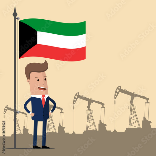 Businessman or politician under the flag of Kuwait against the backdrop of oil pumps. Vector illustration