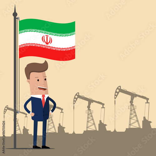 Businessman or politician under the flag of Iran against the backdrop of oil pumps. Vector illustration