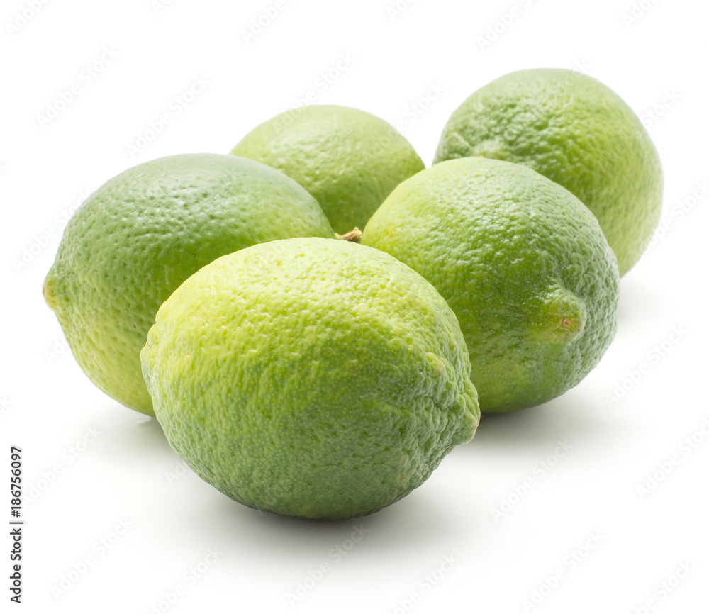Five limes isolated on white background ripe and fresh.