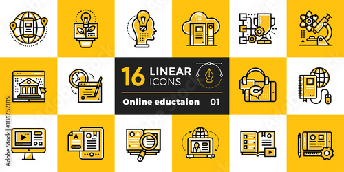 Linear icon set of Online education and e-learning. Material design icon suitable for print, website and presentation