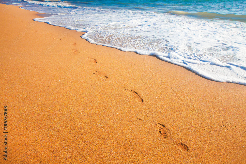 beach, wave and footprints at sunset time beach, wave and footprints at sunset time