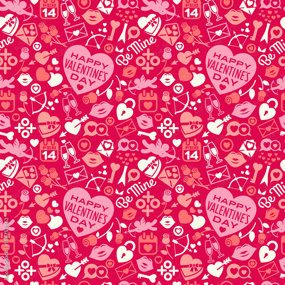 Seamless pattern of scattered Valentine's Day icons, hearts, and symbols. For backgrounds, gift wrap, fabric design. Vector illustration. Seamless pattern of scattered Valentine's Day icons, hearts, and symbols. For backgrounds, gift wrap, fabric design. Vector illustration.