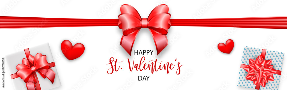 St. Valentine's Day vector illustration card. Happy realistic Valentines holiday background. Love gift bow red heart. Romantic decorative banner graphic design. Vintage ribbon symbol. St. Valentine's Day vector illustration card. Happy realistic Valentines holiday background. Love gift bow red heart. Romantic decorative banner graphic design. Vintage ribbon symbol.