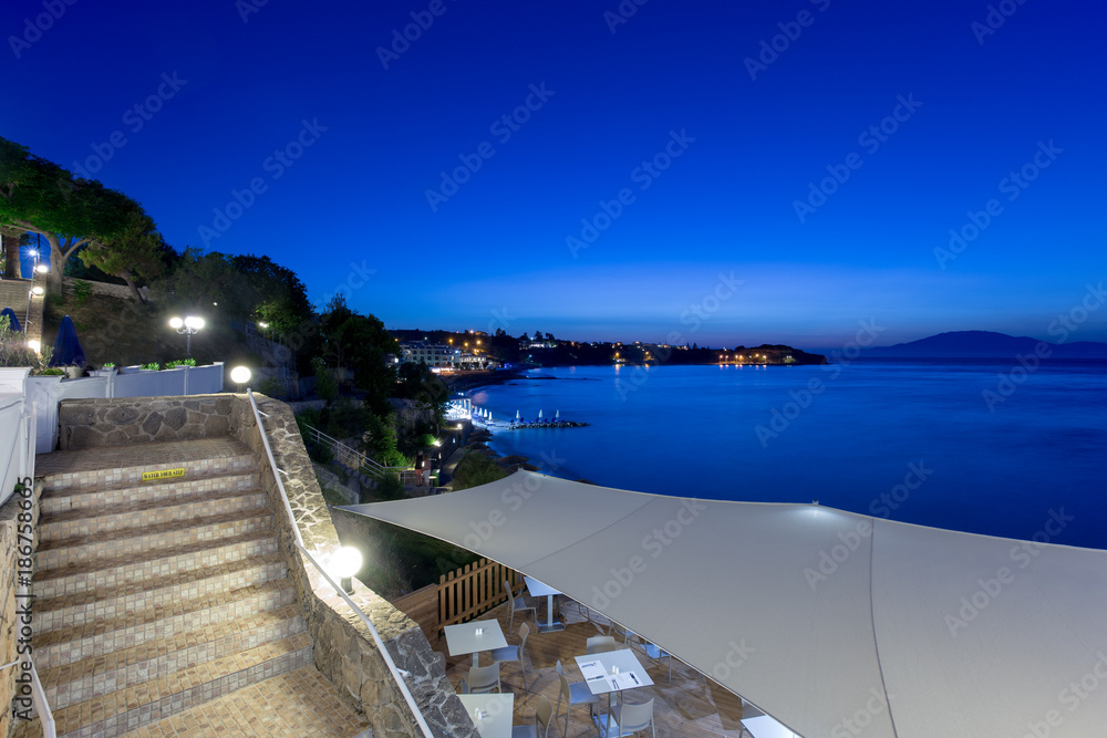 Late night Zakynthos resort panorama from hotel restaurant. Late night Zakynthos resort panorama from hotel restaurant.