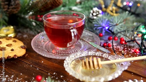 a cup of tea with honey and cookies, a branch of a Christmas tree in the snow, Christmas lights