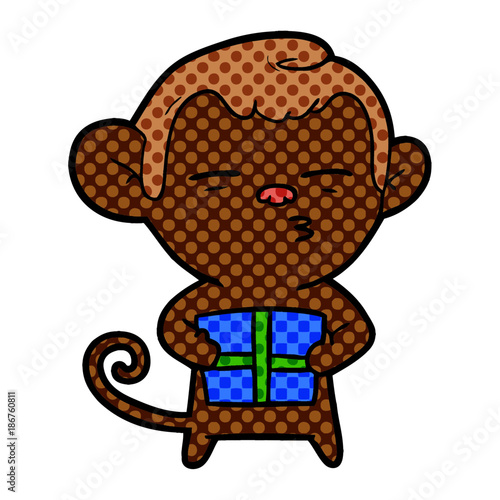 cartoon suspicious monkey with present