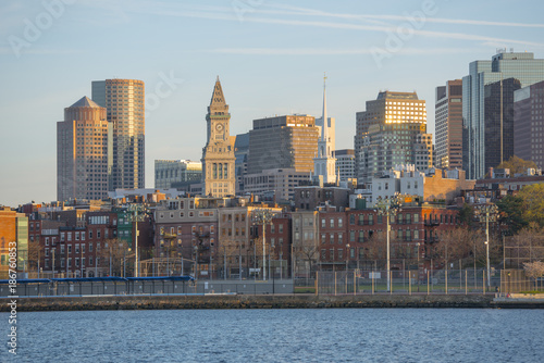 Boston City Skyscrapers, Custom House, Old North Church and Boston Waterfront from Charlestown Navy Yard, Boston, Massachusetts, USA. photo