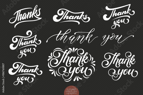 Set of hand drawn lettering Thanks. Elegant modern handwritten calligraphy. Vector Ink illustration. Typography poster on dark background. For cards, invitations, prints etc.