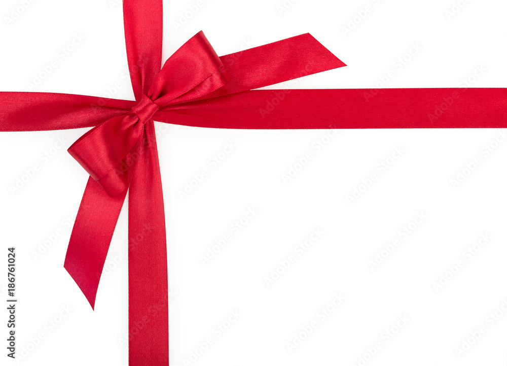 Overlapping red satin gift ribbon bow isolated on white background, top view. Overlapping red satin gift ribbon bow isolated on white background, top view.