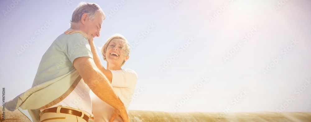 Senior woman hugging her partner - obrazy, fototapety, plakaty 