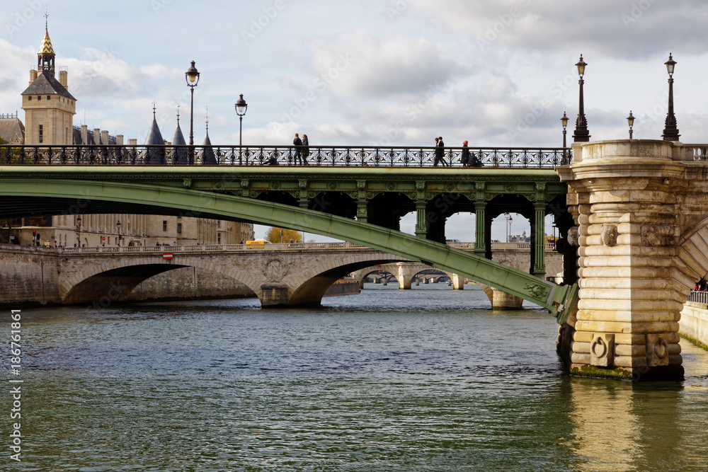Court House, Conciergerie and differents bridges of Paris viewed from river Seine, Paris, France, October 28, 2017