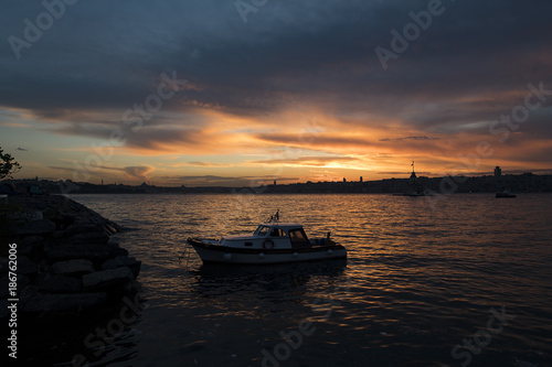 Maiden Tower (Tower of Leandros, Turkish: Kiz Kulesi) tranquil scenery at the entrance to Bosporus Strait in Istanbul, Turkey (KIZ KULESI – SALACAK-USKUDAR