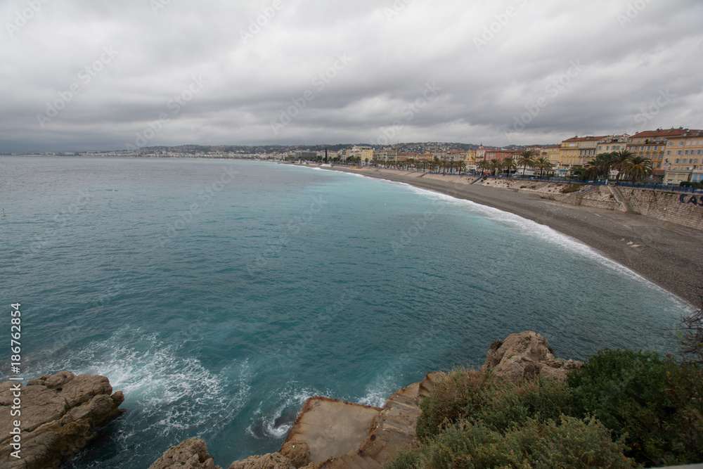 Coastline of Nice, France on a cloudy day