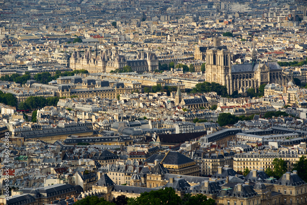 Aerial view on Paris rooftops at sunset with Notre Dame de Paris Cathedral. 4th (Latin Quarter) and 6th Arrondissment, Paris, France