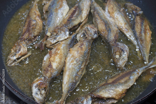 sardines, mackerel, fried fishes in the fryer