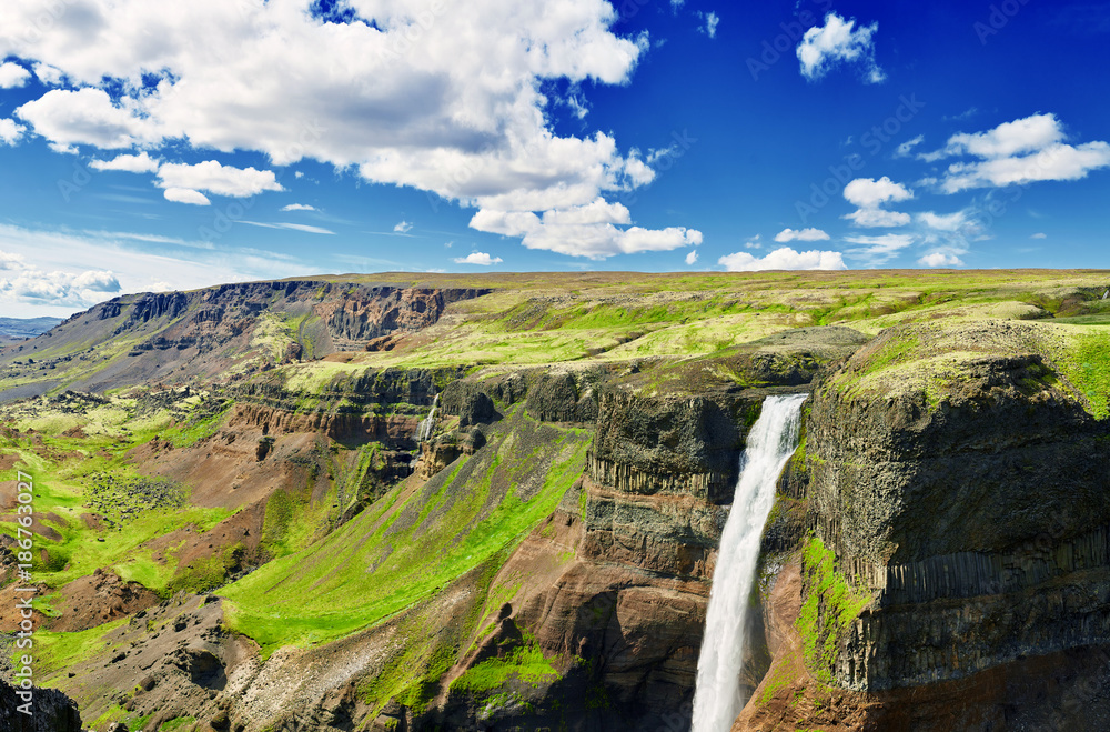 famous Haifoss waterfall in southern Iceland. treking in Iceland. Travel and landscape photography concept famous Haifoss waterfall in southern Iceland. treking in Iceland. Travel and landscape photography concept