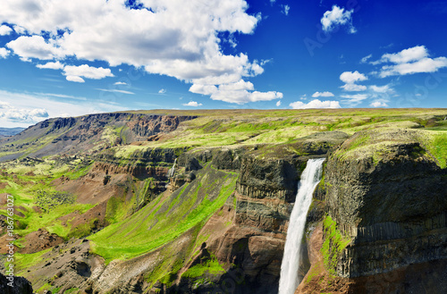 famous Haifoss waterfall in southern Iceland. treking in Iceland. Travel and landscape photography concept