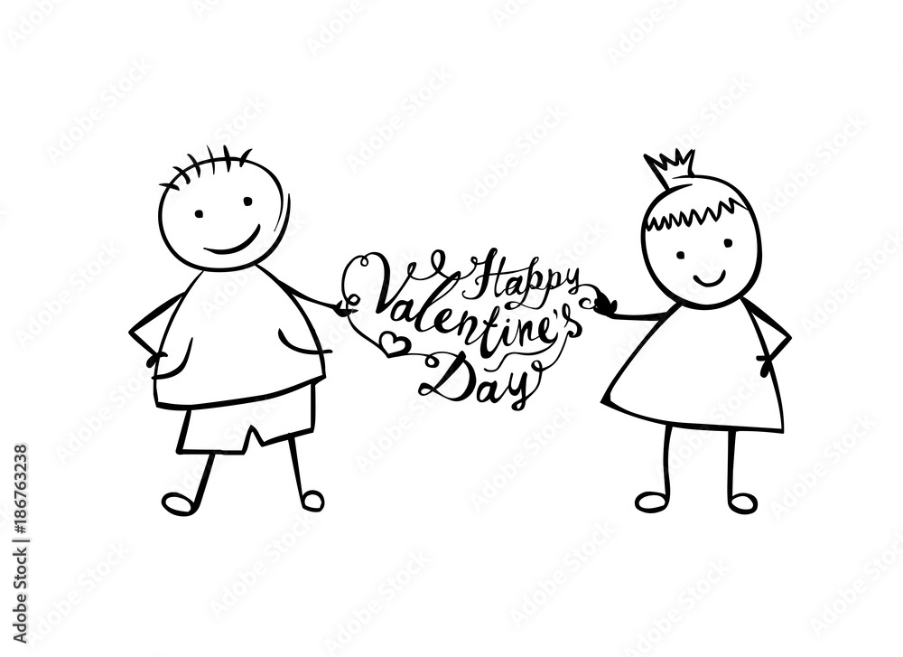 Happy Valentine's Day. Linear boy and girl Happy Valentine's Day. Linear boy and girl