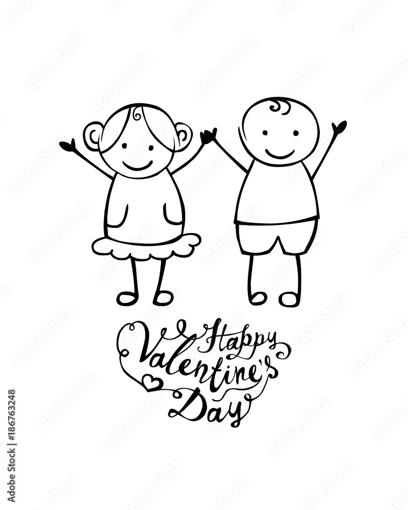 Happy Valentine's Day. Vector hand written boy and girl Happy Valentine's Day. Vector hand written boy and girl