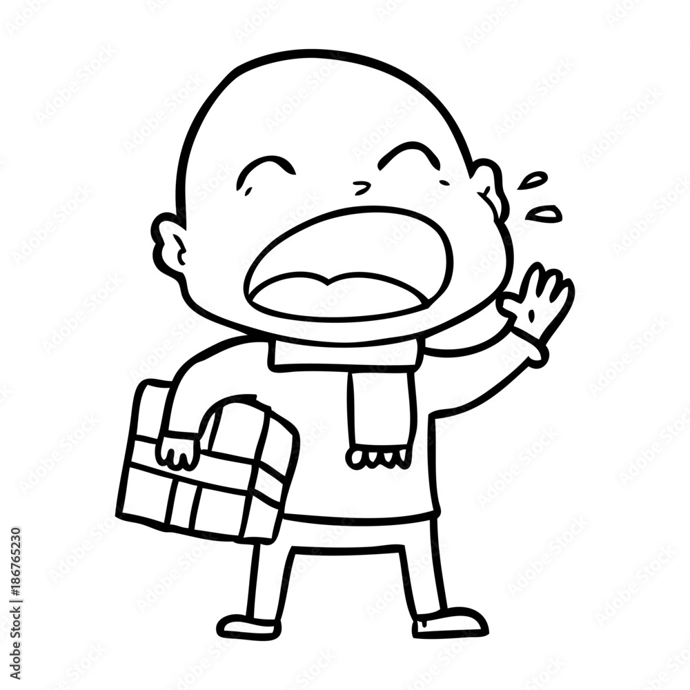 cartoon shouting bald man with present cartoon shouting bald man with present