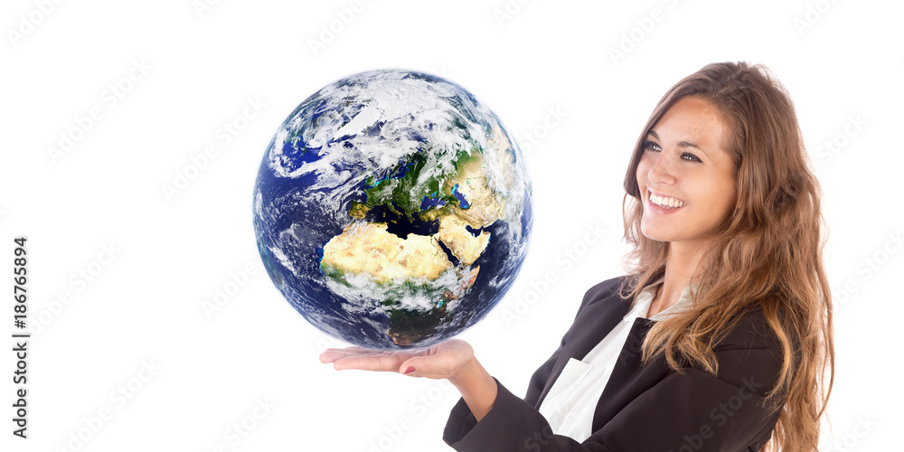 Happy businesswoman with the World in her hand
