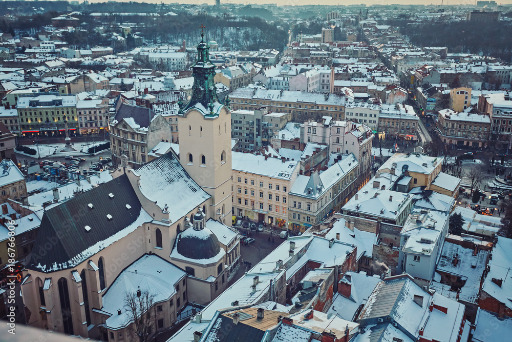Winter view on the downtown in Lviv, Ukraine.